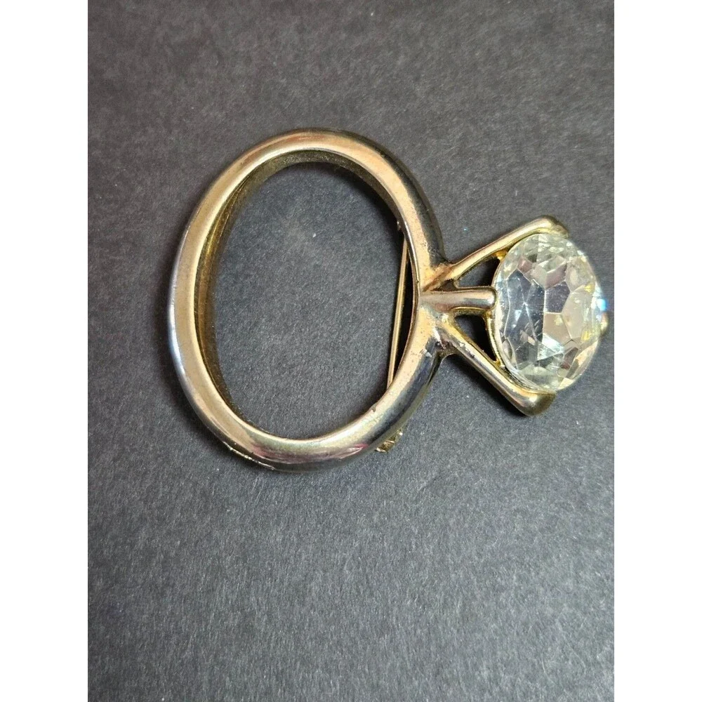 Vintage Gold Tone Solitaire Engagement Ring Brooch - Picture 6 of 9